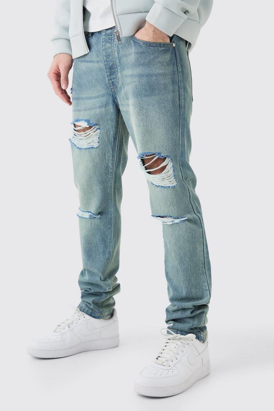 Jeans Slim Fit in denim rigido blu antico con strappi all over, Antique blue image number 1