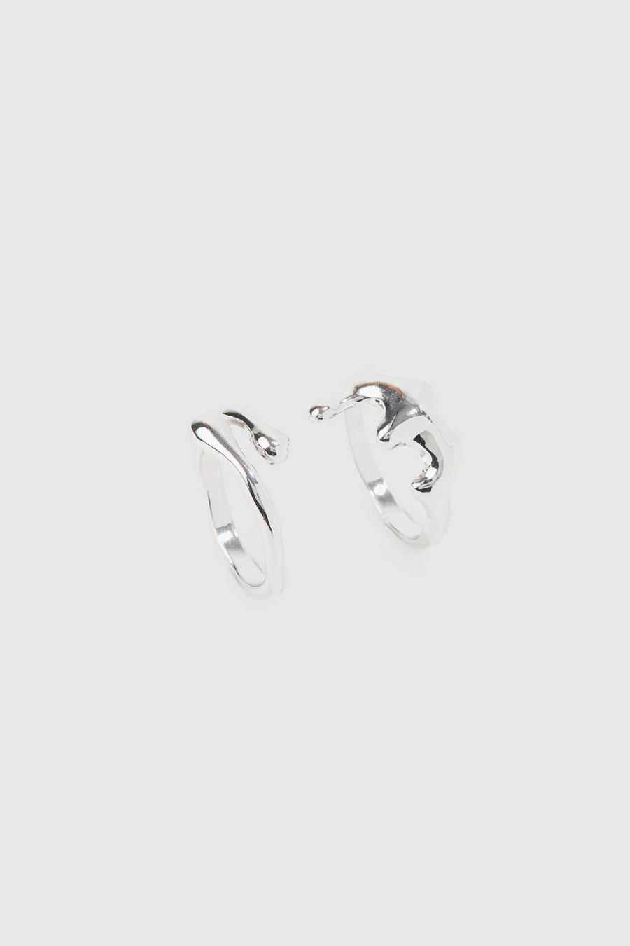 Pack de 2 anillos plateados de metal fundido, Silver image number 1