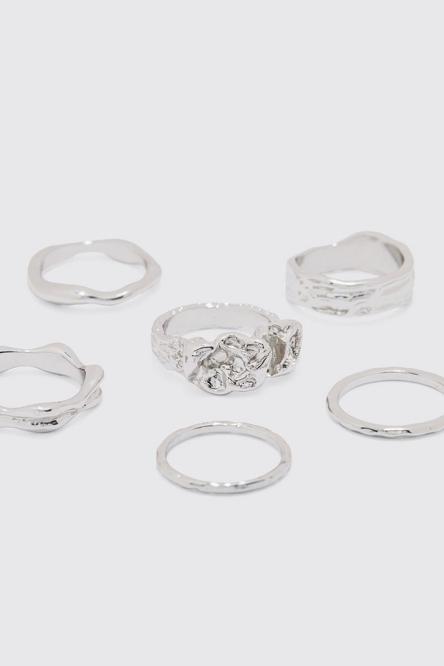Pack de 6 anillos plateados de metal fundido, Silver image number 1