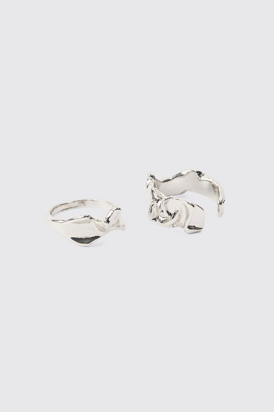 Pack de 2 anillos plateados de metal fundido, Silver image number 1