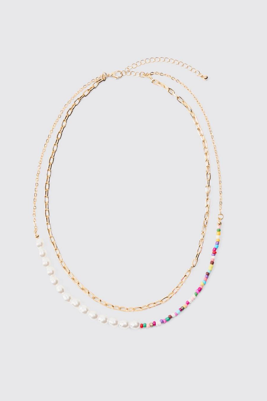 2 Pack Multi Beaded Pearl Necklaces In Gold