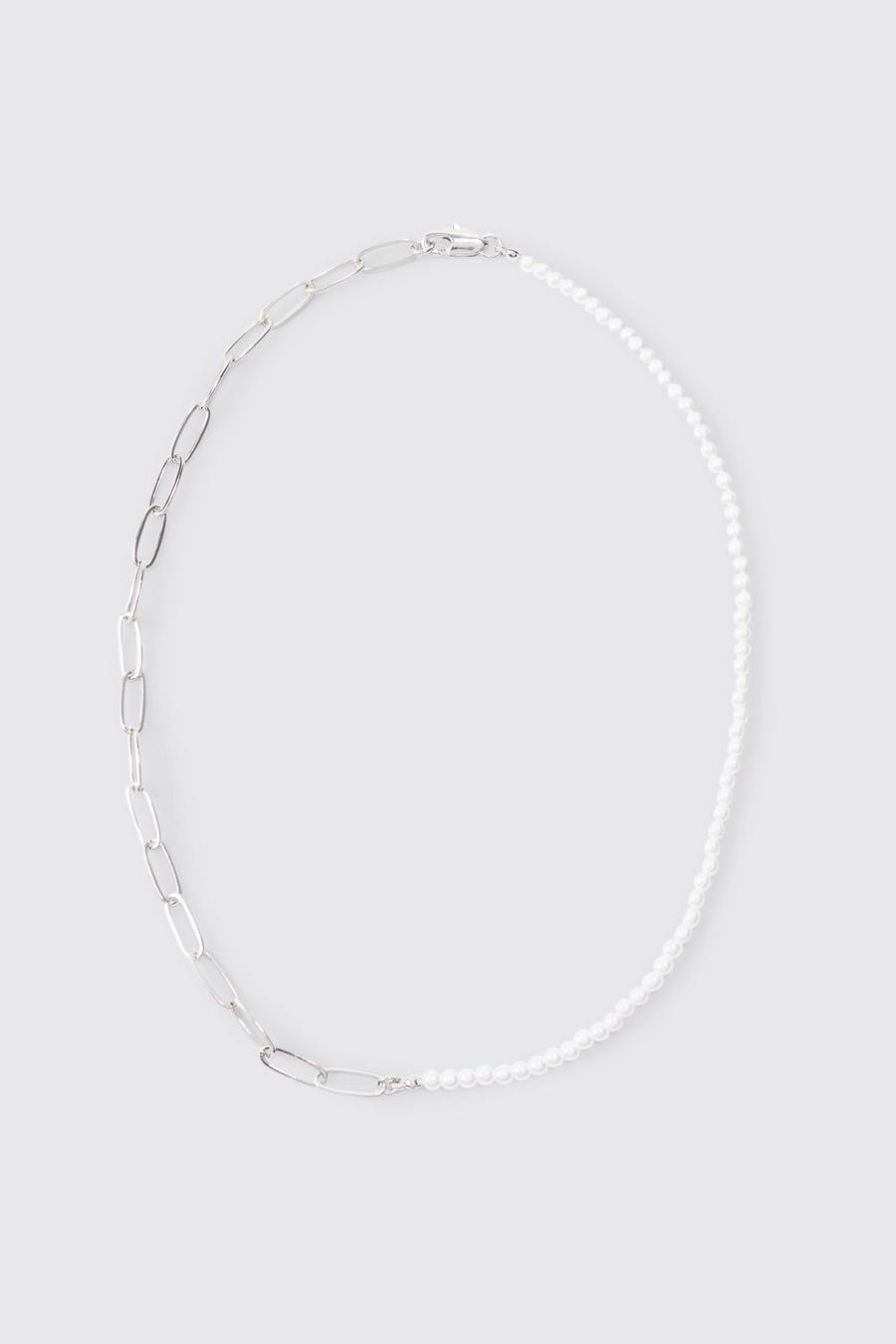 Collana a catena in metallo color argento con perle e perle, Silver