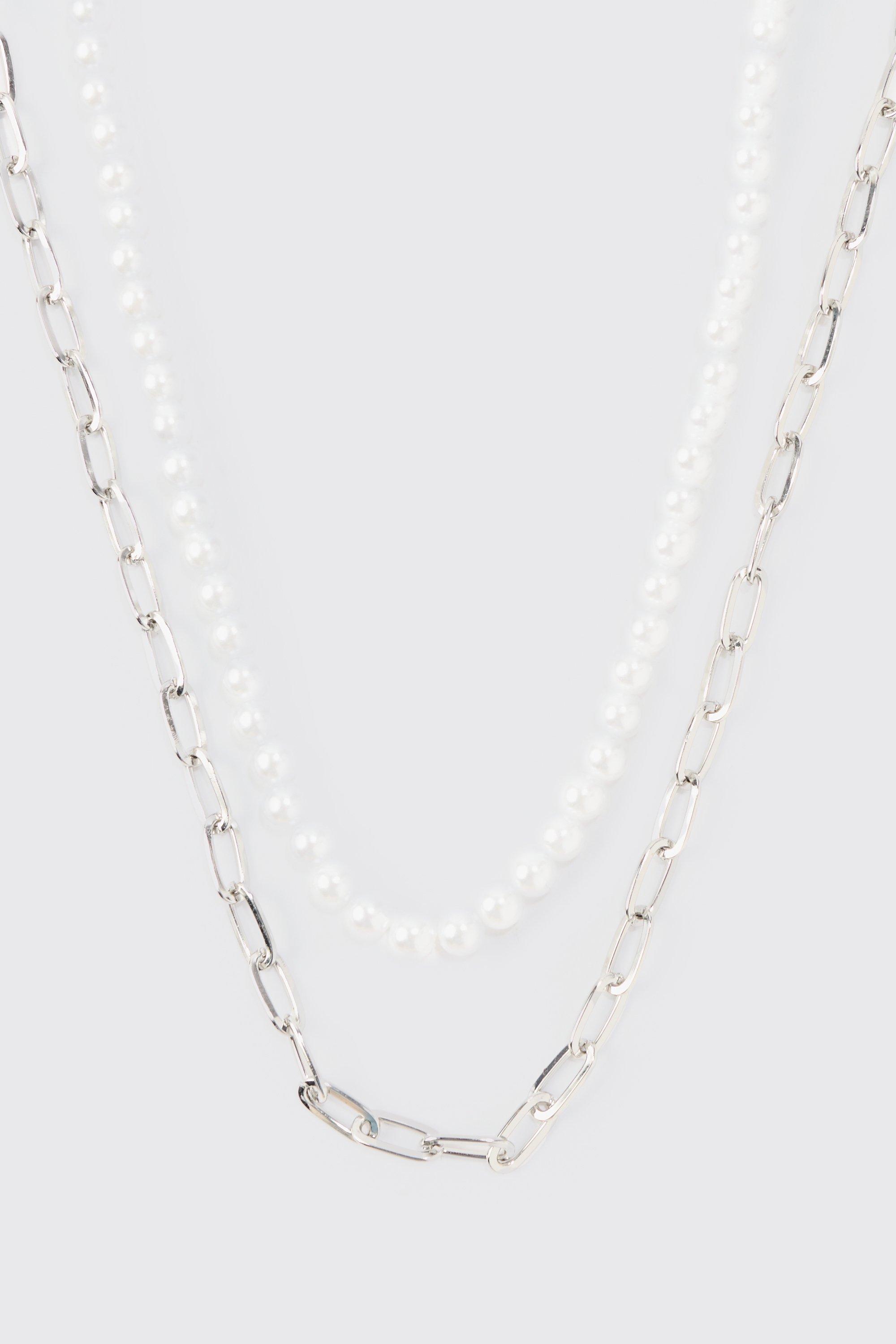 2 Pack Multi Layer Pearl And Chain Necklace In Silver | boohoo