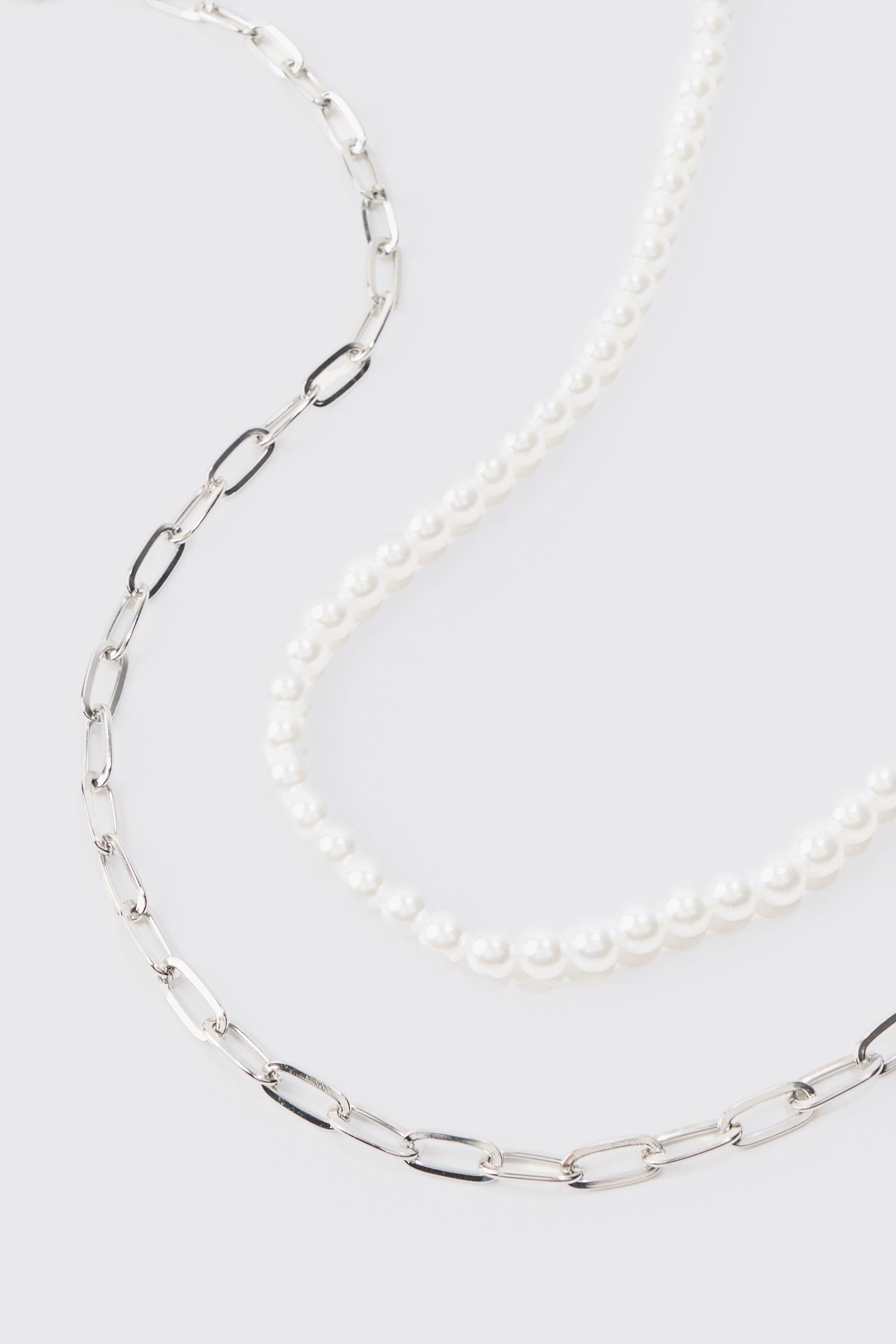 2 Pack Multi Layer Pearl And Chain Necklace In Silver | boohoo