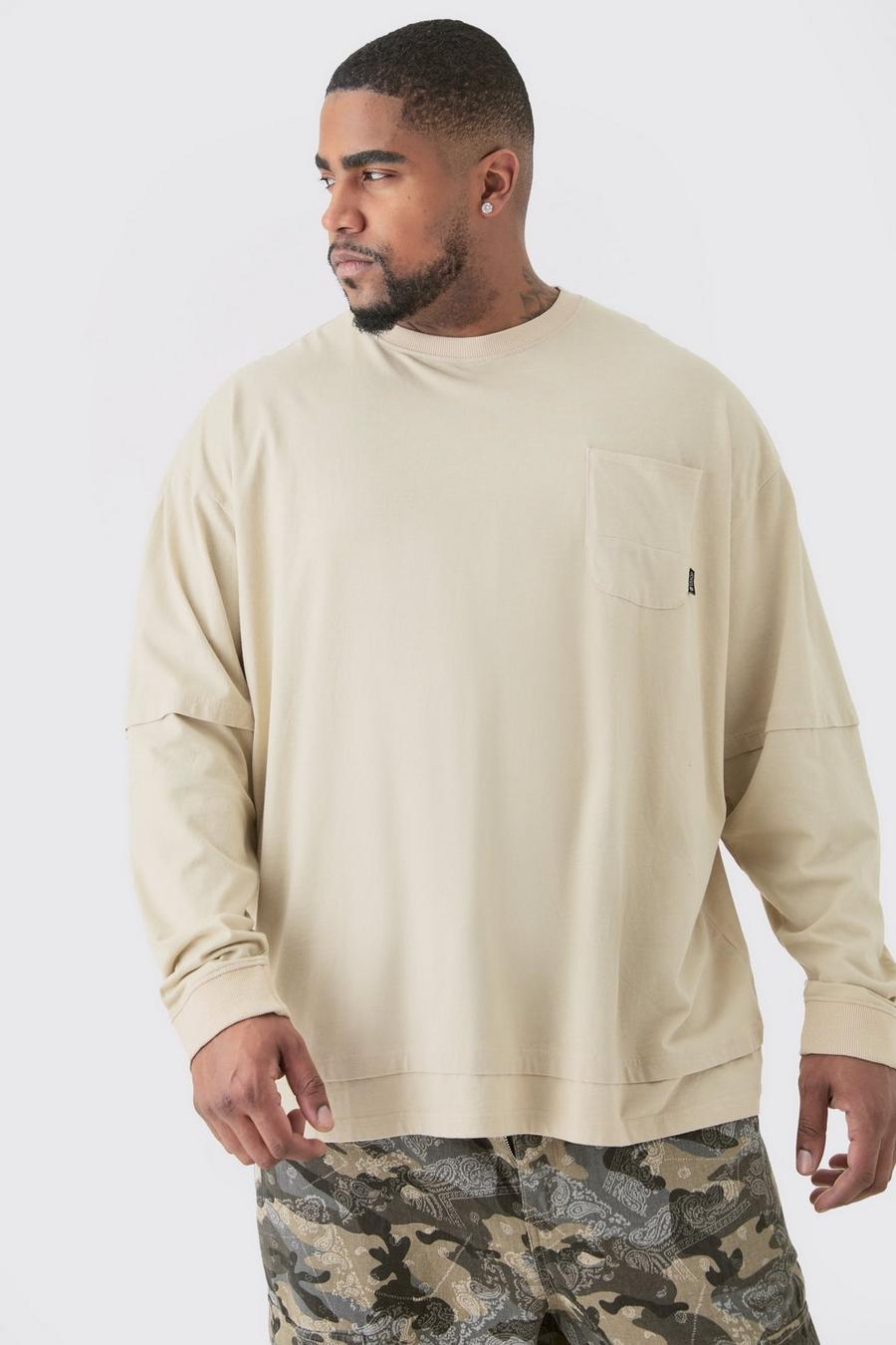 T-shirt Plus Size oversize slavata pesante con finto doppio livello, Light grey