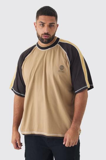 Brown Plus Oversized Carded Heavy Panelled OFCL T-shirt