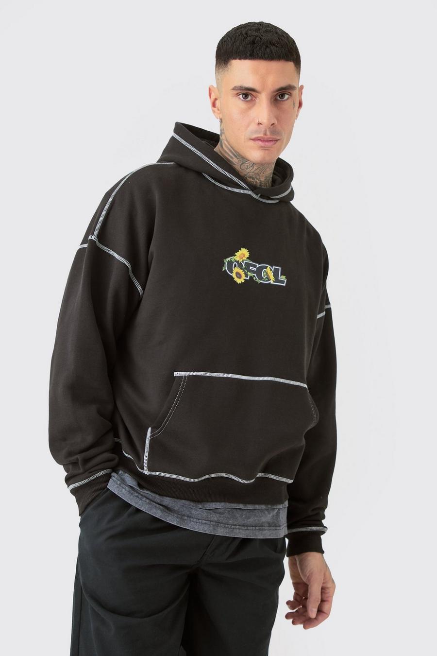 Black Tall Oversize hoodie i plysch med låg axelsöm image number 1