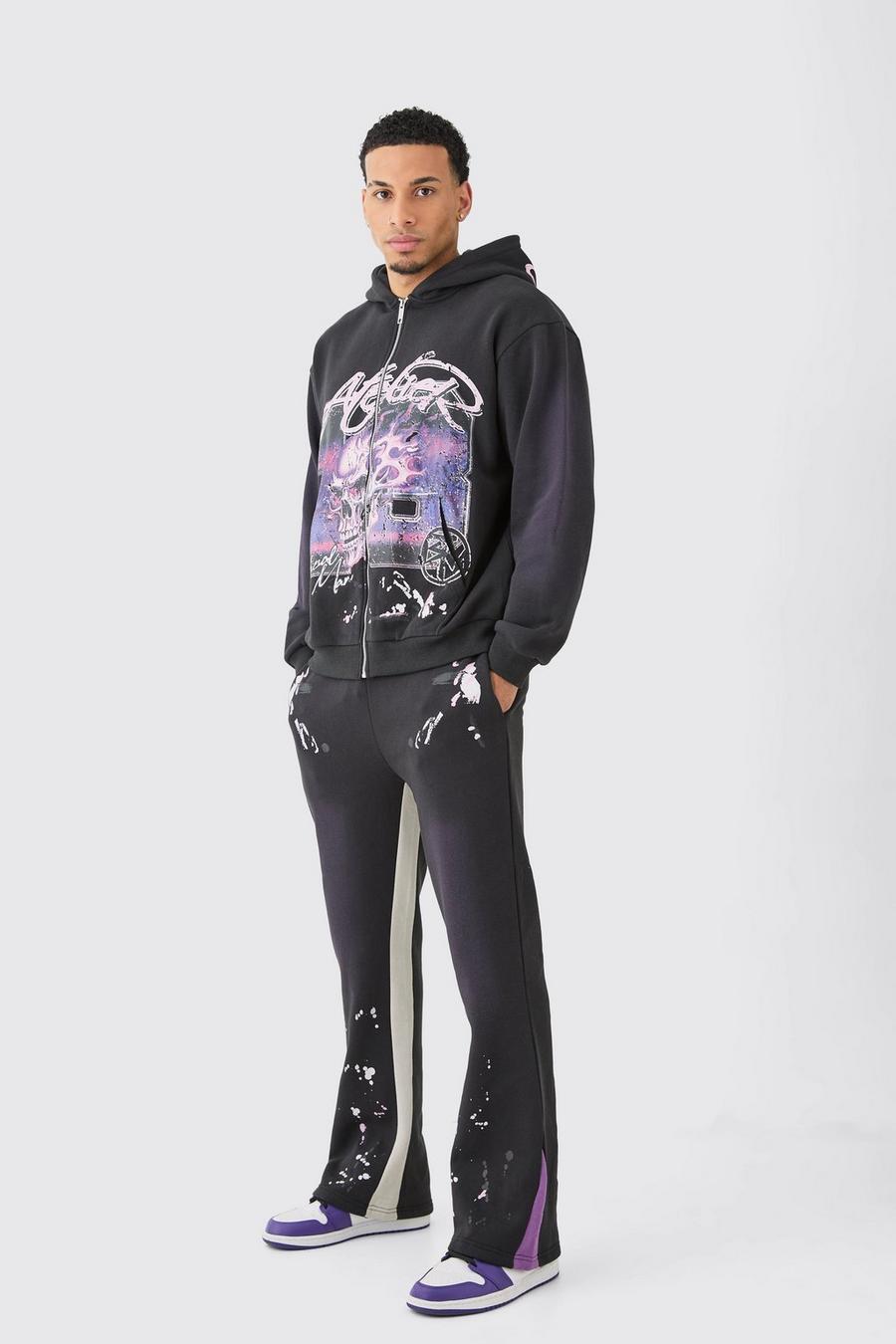 Purple Oversized Washed Paint Splatter Graphic Zip Through Tracksuit image number 1
