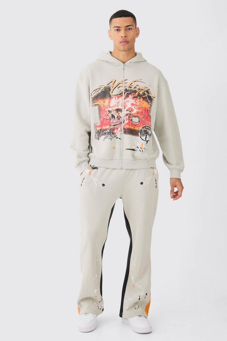 Grey Oversized Washed Paint Splatter Graphic Zip Through Tracksuit image number 1