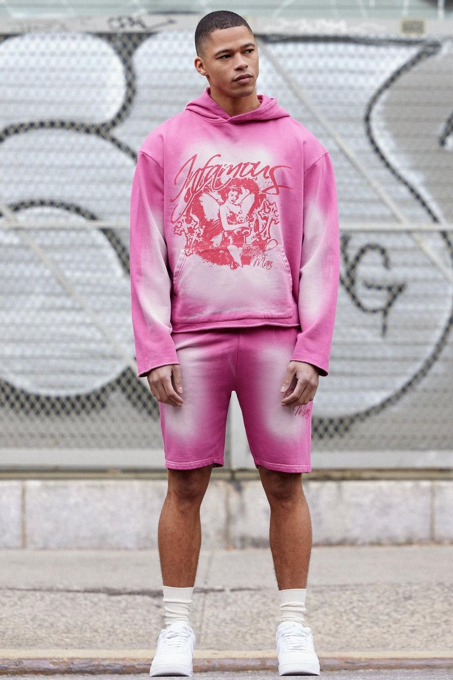 Kurzer kastiger Oversize Trainingsanzug mit Acid-Waschung und rohem Saum, Pink image number 1
