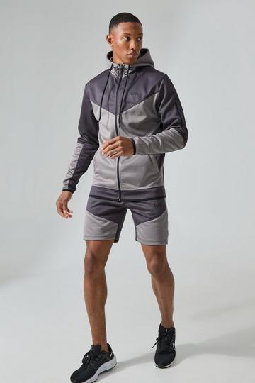 Active Colour Block Funnel Hooded Short Tracksuit charcoal