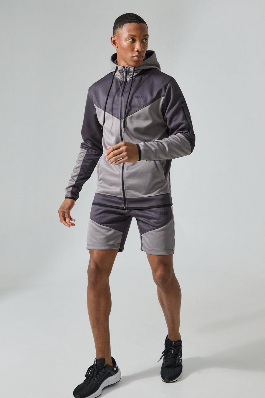 Charcoal Active Colour Block Funnel Hooded Short Tracksuit image number 1