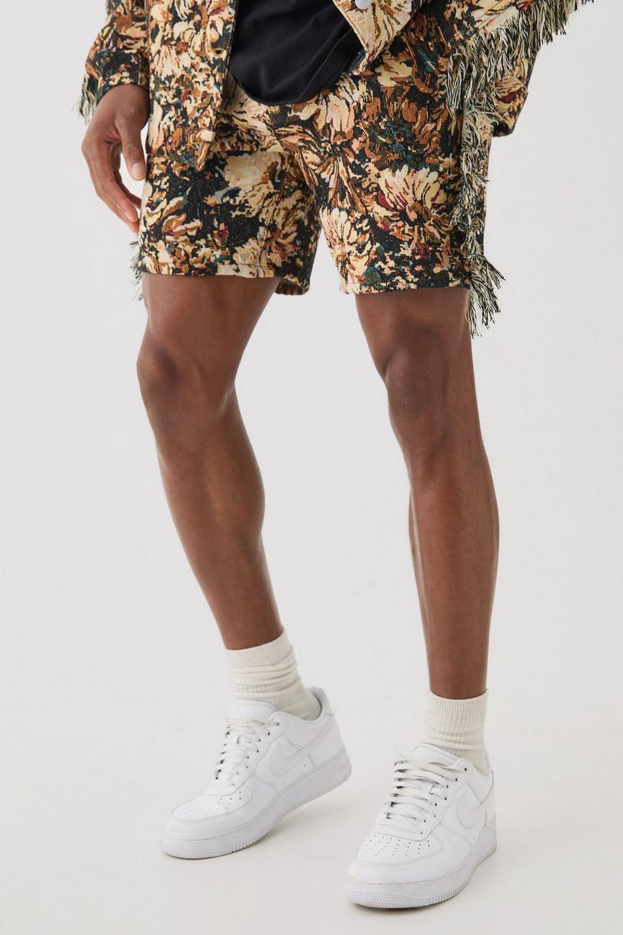Tan Tapestry Frayed Relaxed Fit Shorts
