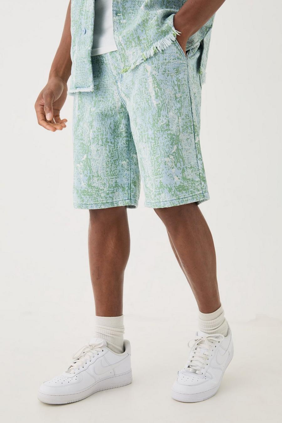 Green Denim Tapestry Relaxed Shorts image number 1