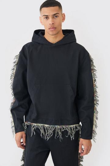 Black Frayed Tapestry Hooded Shirt Jacket