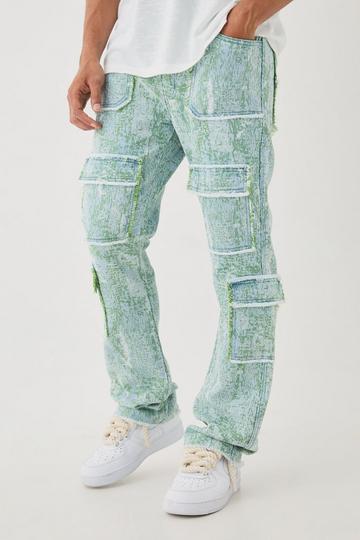 Green Denim Tapestry Stacked Cargo Flared Jeans