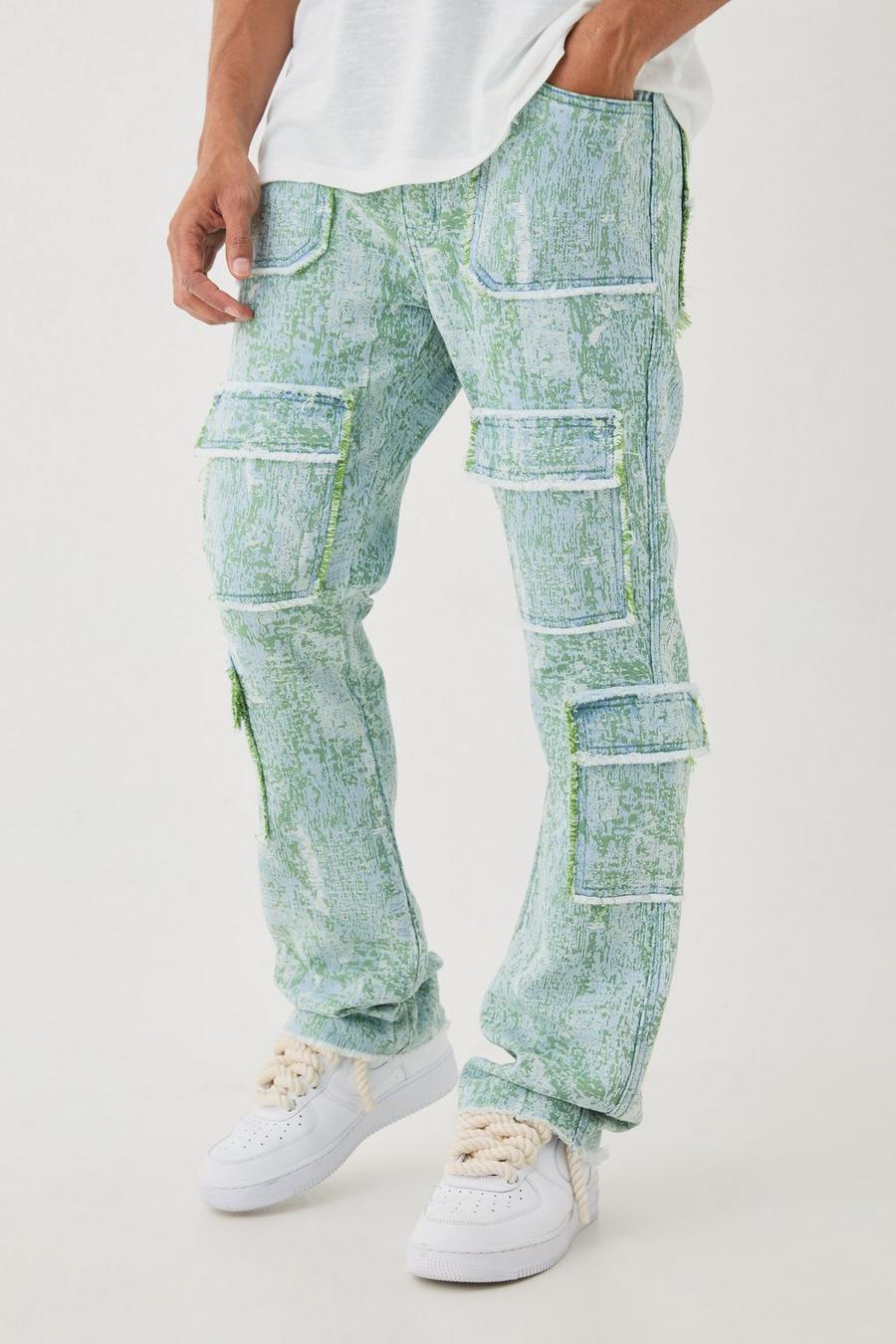 Green Denim Tapestry Stacked Cargo Flared Jeans image number 1