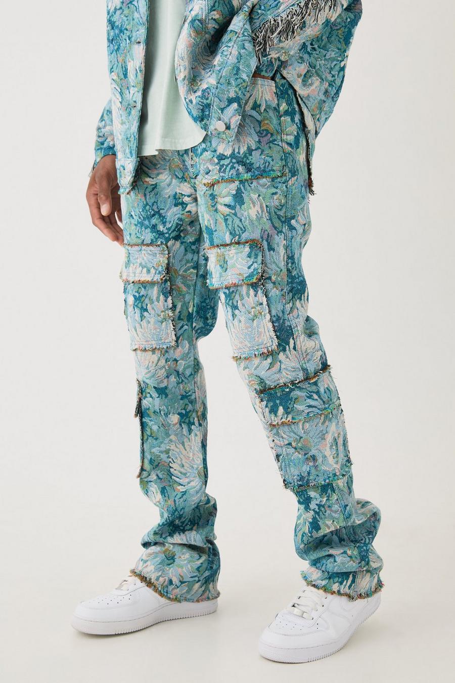 Blue Tapestry Stacked Flared Cargo Trousers image number 1