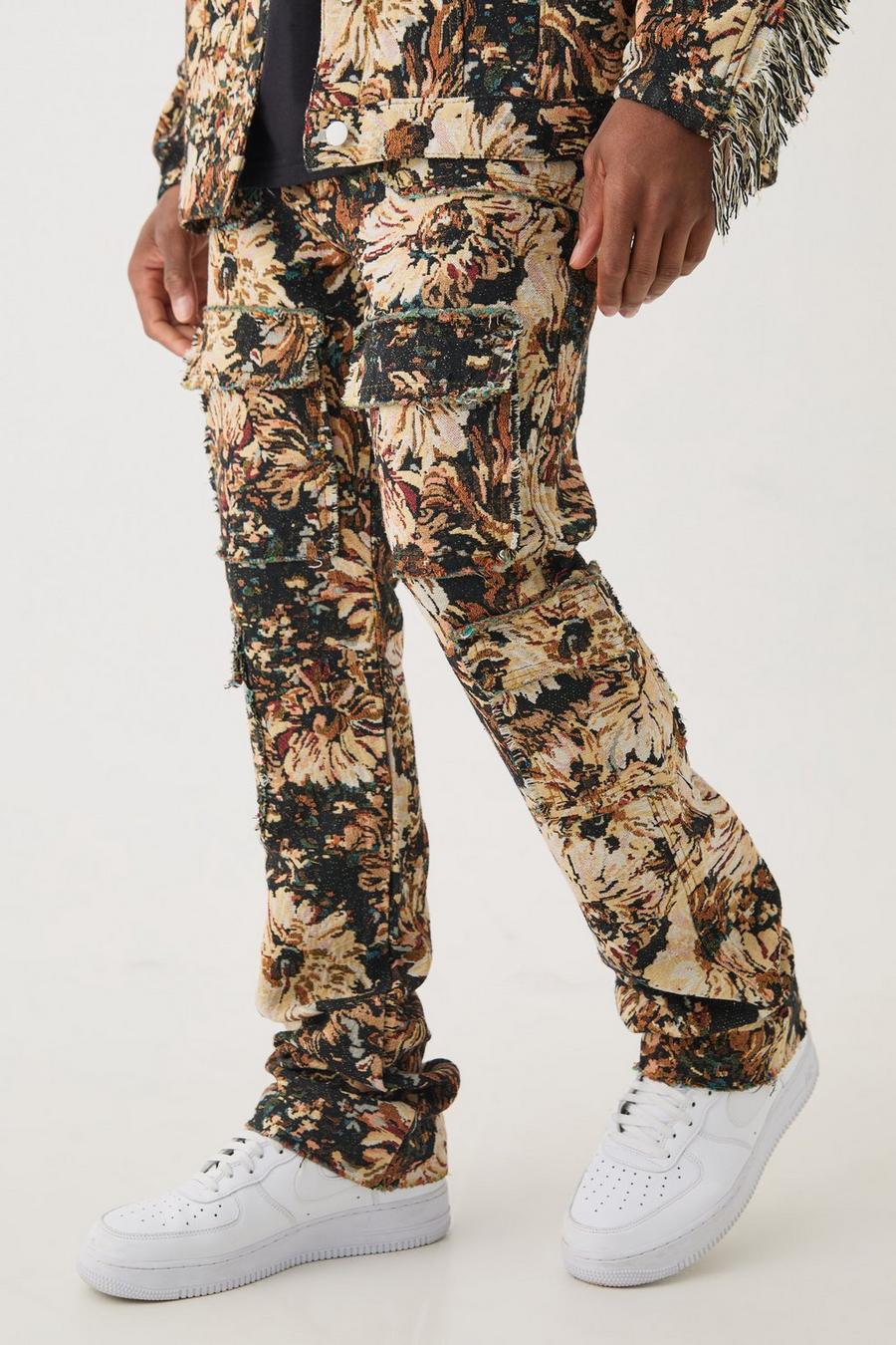 Tan Tapestry Stacked Flared Cargo Trousers