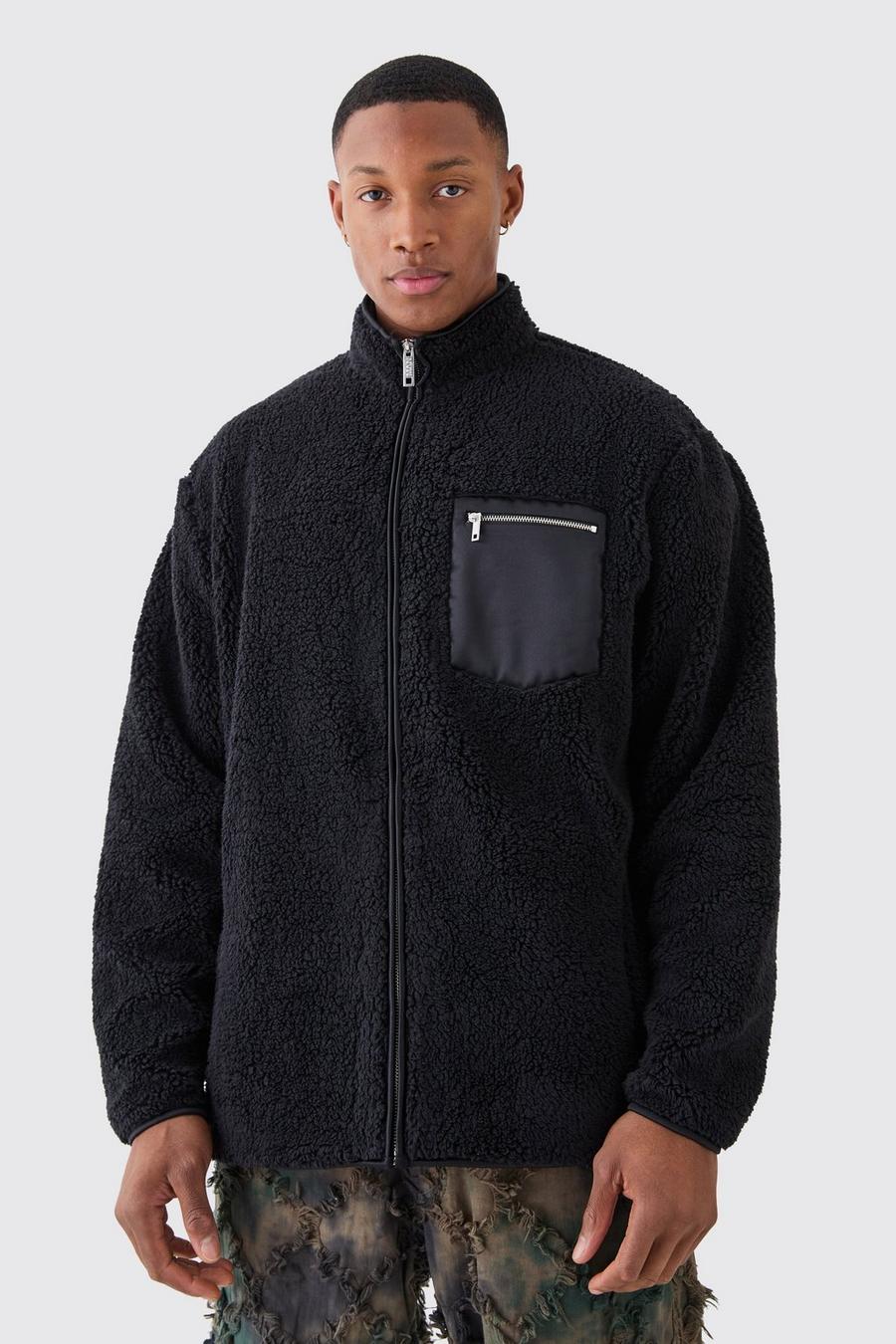 Giacca oversize in pile borg, Black image number 1
