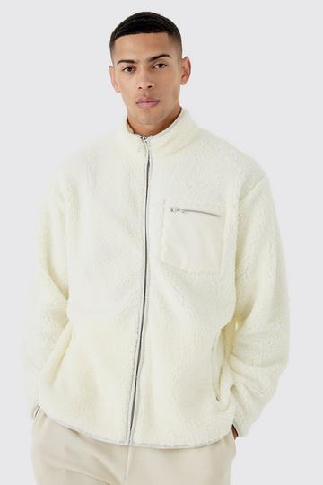Ecru White Oversized Contrast Borg Jacket
