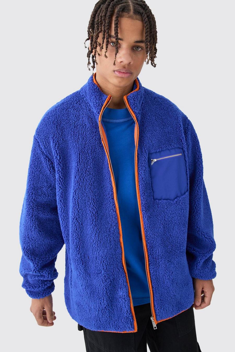 Veste oversize en faux mouton à empiècement contrastant, Blue image number 1