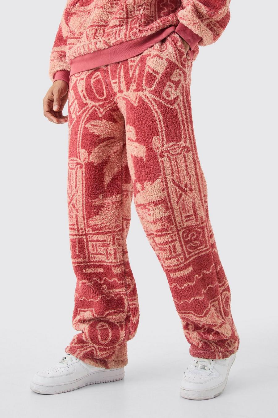 Red Relaxed Fit Borg Printed Joggers image number 1