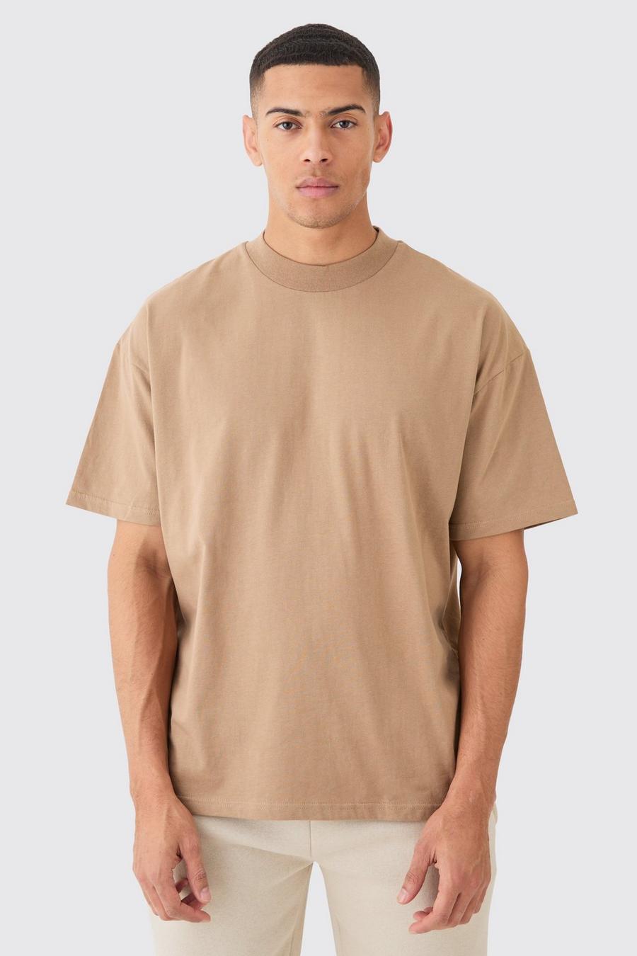 Light brown Oversize t-shirt i tjockt tyg med hög halsmudd image number 1