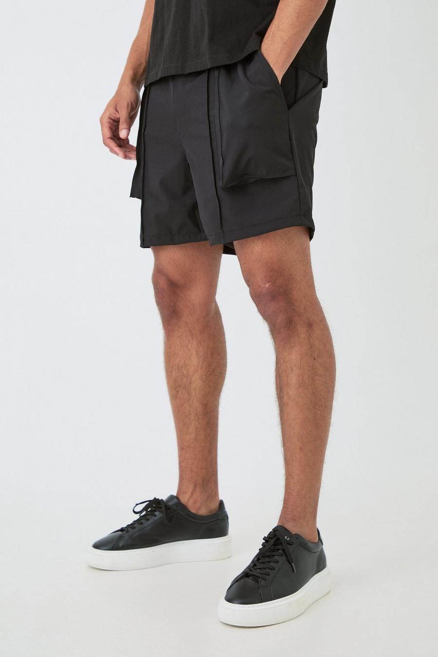 Black Nette Geplooide Stretch Tech Shorts