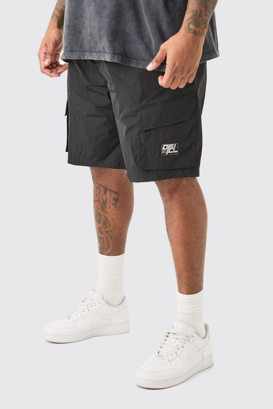 Pantaloncini Cargo Plus Size Ofcl in nylon con vita elasticizzata, Black