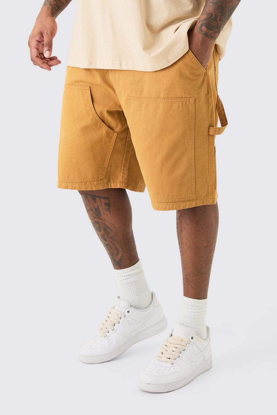 Pantaloncini Plus Size stile Carpenter in twill slavato con vita fissa, Brown image number 1
