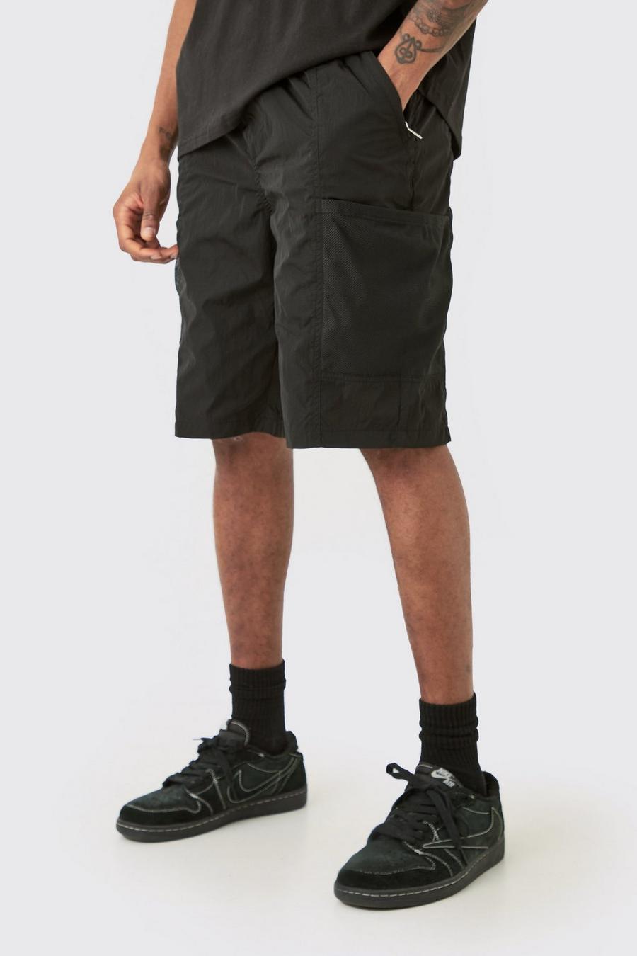 Pantalón corto Tall utilitario de malla con cintura elástica y bolsillos, Black