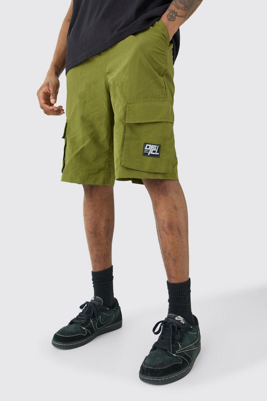 Khaki Tall Nylon Ofcl Cargo Shorts Met Elastische Taille image number 1