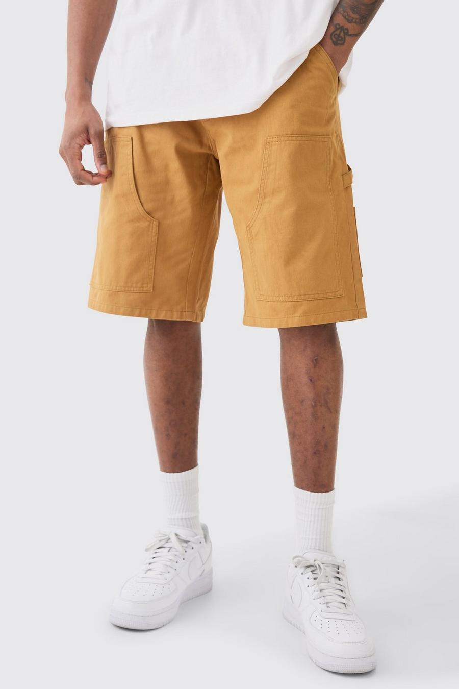 Brown Tall Fixed Waist Washed Twill Carpenter Short