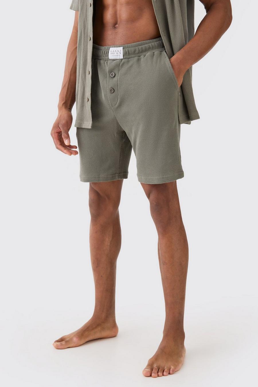 Pantalones cortos para estar en casa de tela gofre en color caqui, Khaki image number 1
