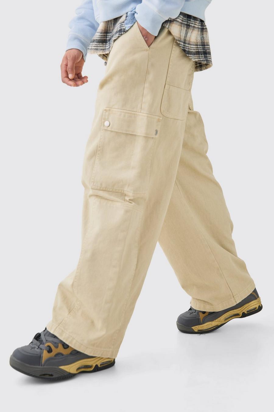 Ecru Cargo-Jeans mit elastischem Bund und extrem weitem Bein image number 1
