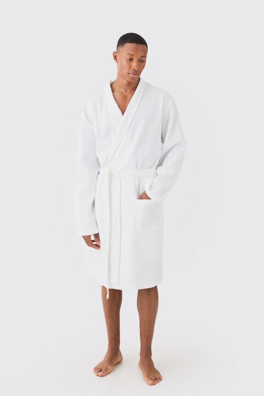 Leichter heller Loungewear-Morgenmantel in Waffeloptik, White image number 1