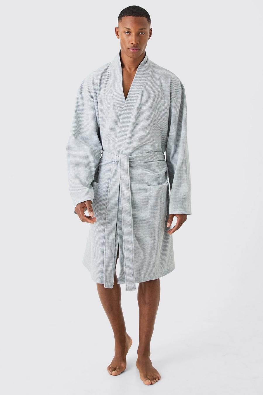 Grey marl Lichte Wafel Gebreide Loungewear Badjas In Grijze Mergel