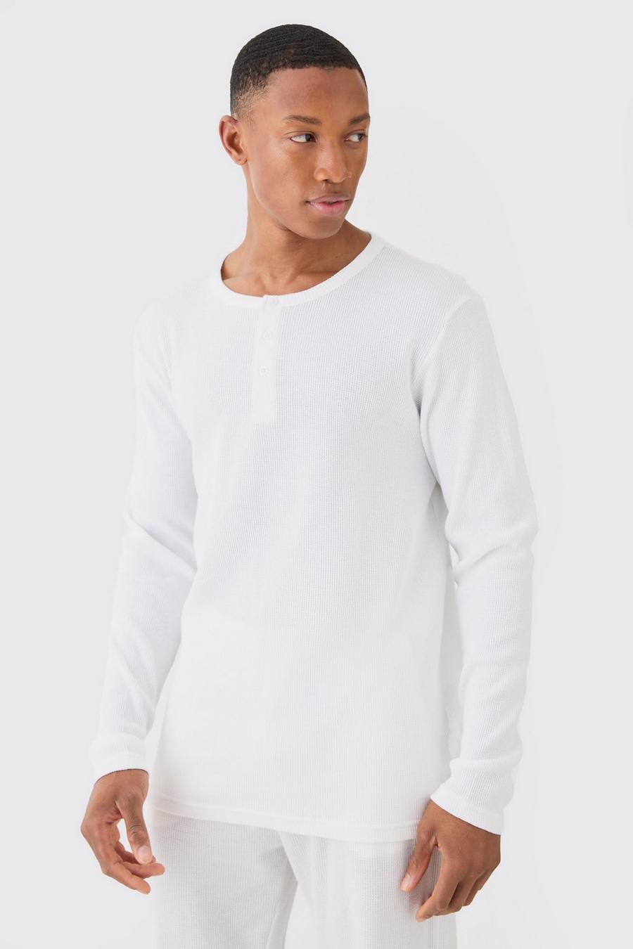 Waffle Button-up Long Sleeve Lounge Top In White image number 1