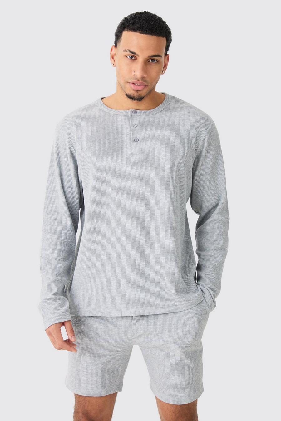 Waffle Lounge Long Sleeve Top & Short Set In Grey Marl image number 1