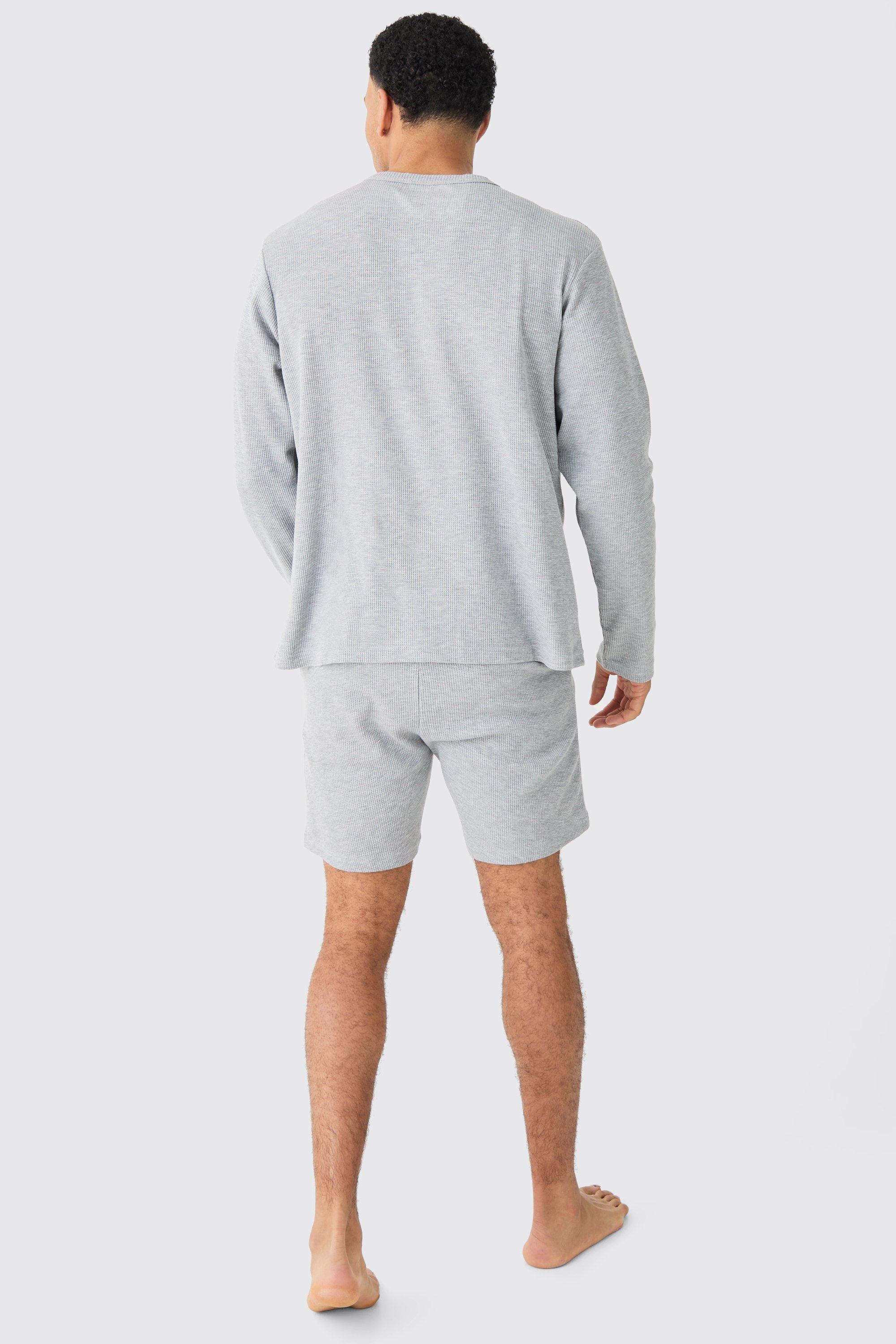 Waffle Lounge Long Sleeve Top & Short Set In Grey Marl