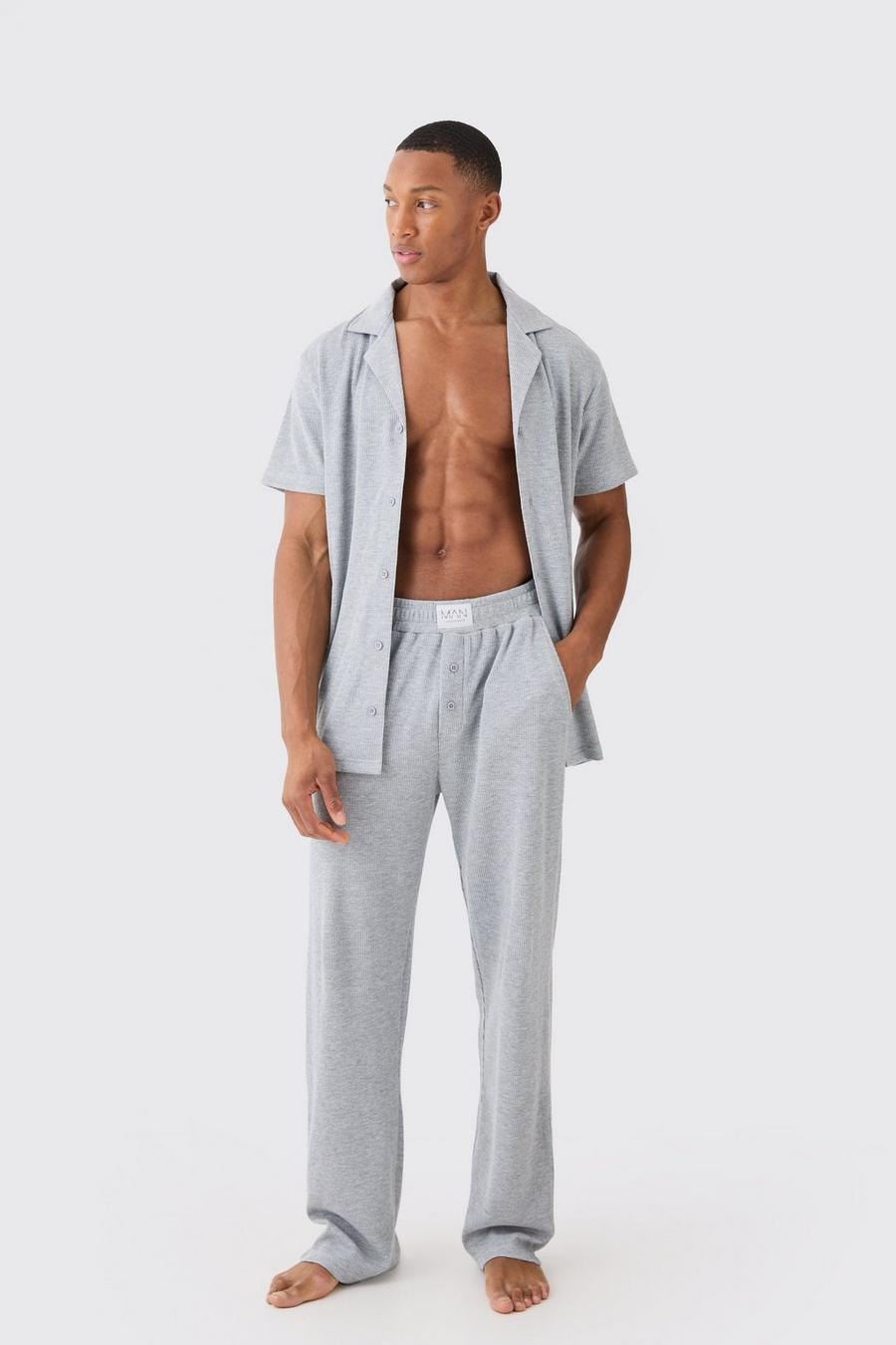 Set camicia di Loungewear da casa con trama a nido d’ape & pantaloni rilassati in mélange grigio, Grey marl image number 1