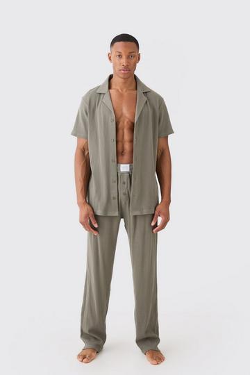 Waffle Lounge Shirt & Relaxed Bottom Set In Khaki khaki