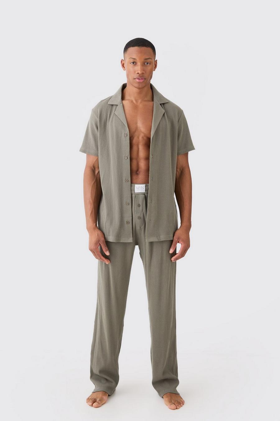 Loungewear-Hemd in Waffeloptik & lockere Hose, Khaki image number 1