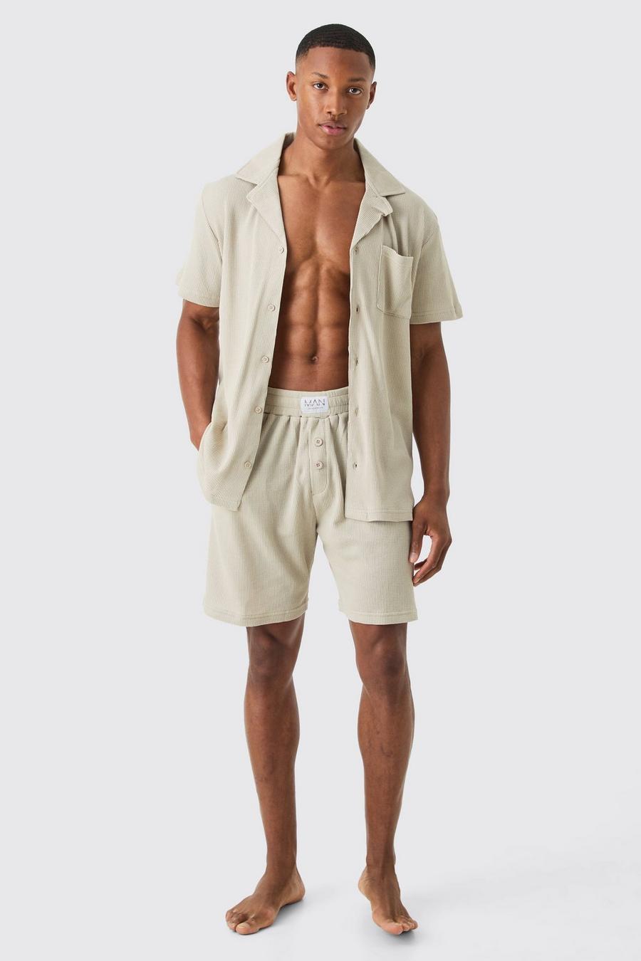 Loungewear-Hemd und Shorts in Waffeloptik, Stone image number 1