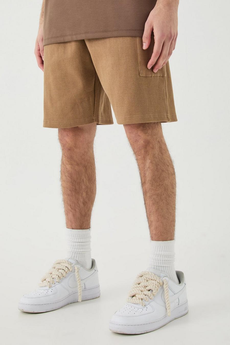 Pantalón corto cargo holgado grueso de canalé, Light brown image number 1