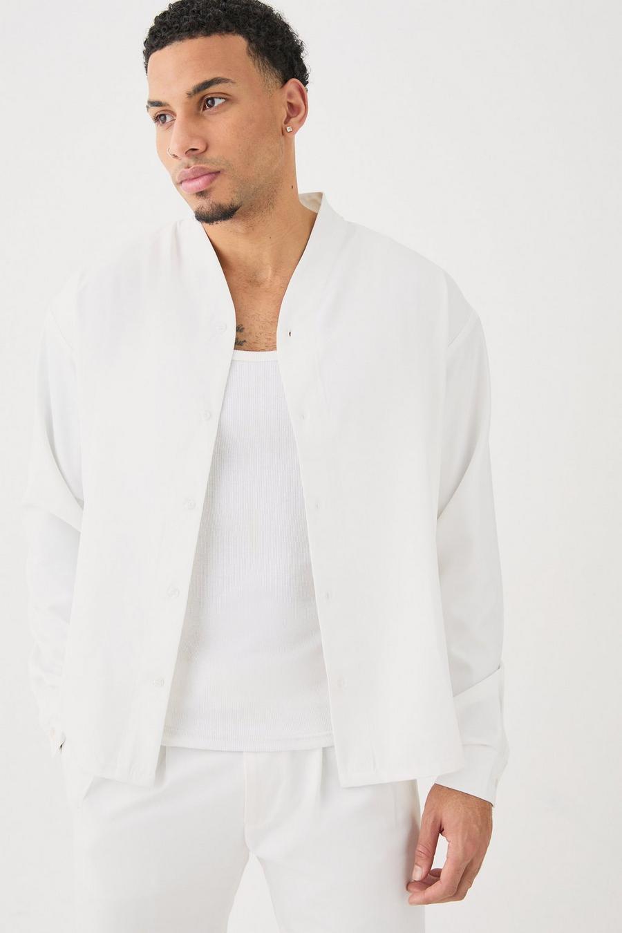 White Boxy Collarless Soft Twill Label Shirt