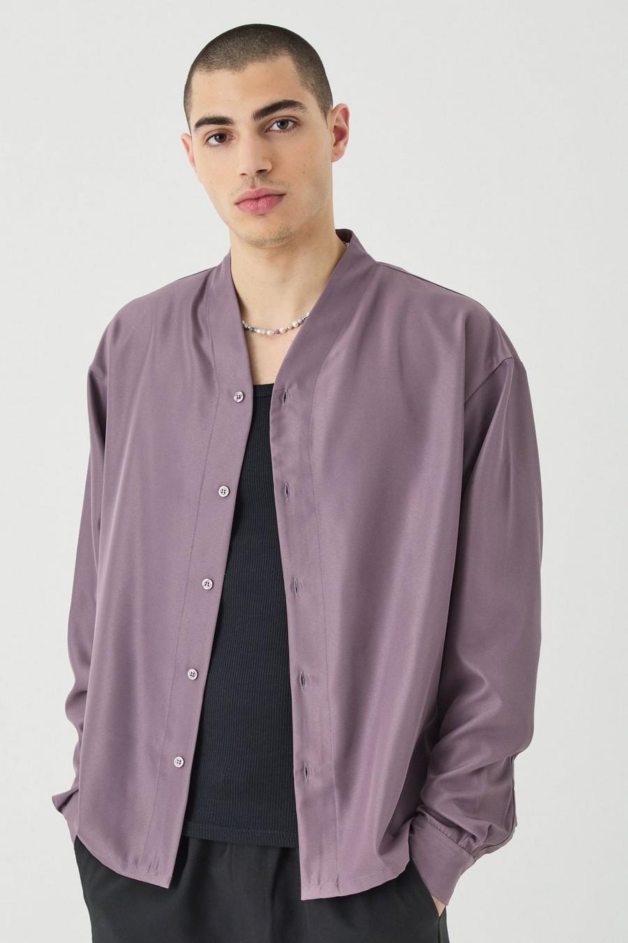 Camicia squadrata in twill morbido senza colletto con etichetta, Lilac image number 1