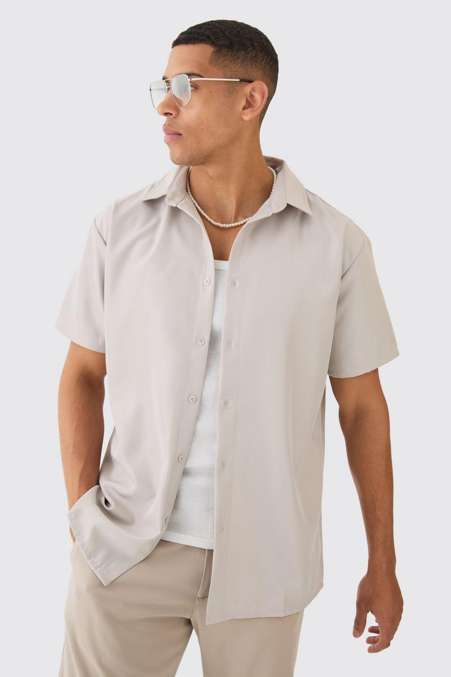 Camisa oversize de sarga suave y manga corta, Pale grey image number 1