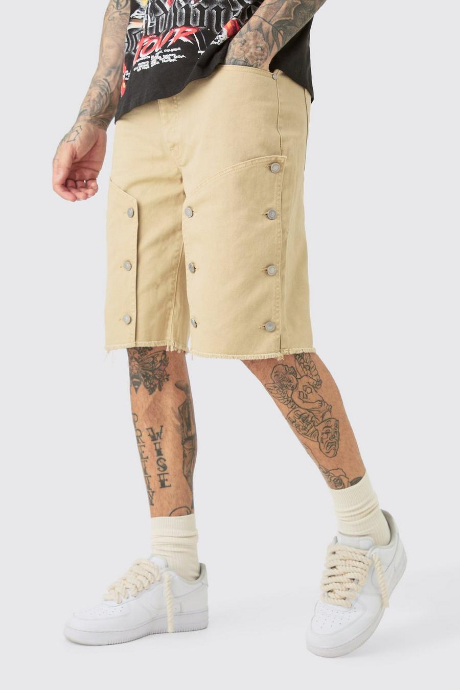 Taupe Tall Gebleekte Baggy Keperstof Utility Shorts Met Tailleband image number 1